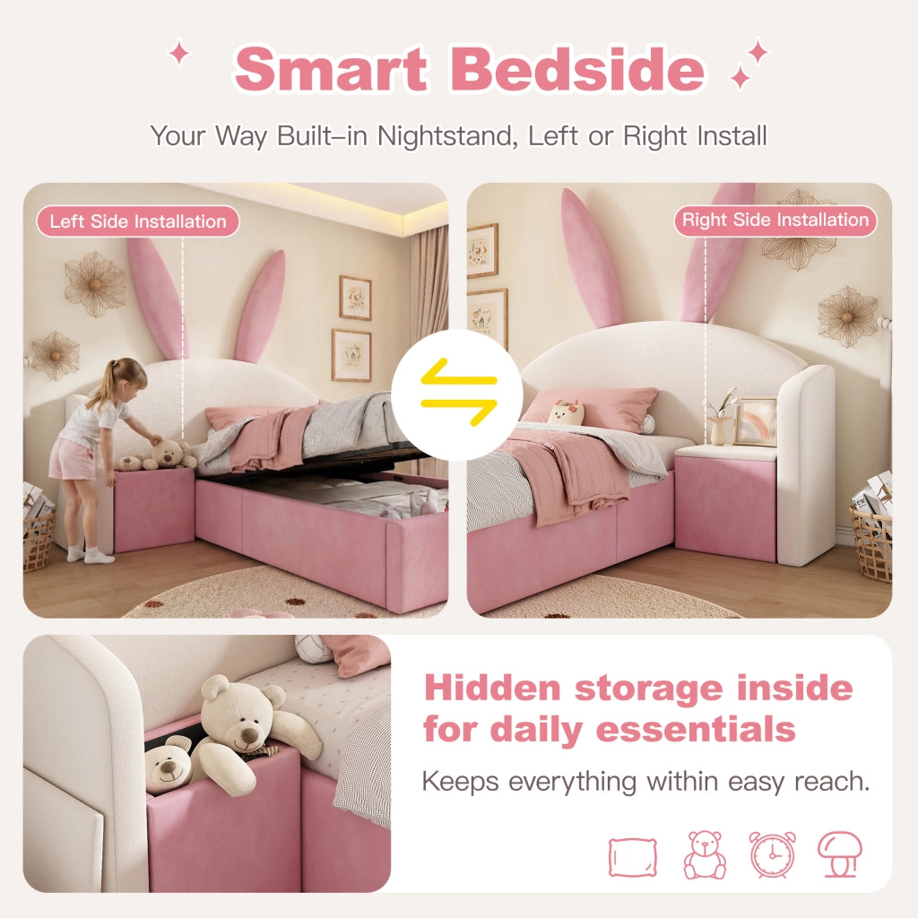Letto per bambini 90 × 190 cm con testiera a orecchie di coniglio, comodino contenitore, senza materasso, beige e rosa