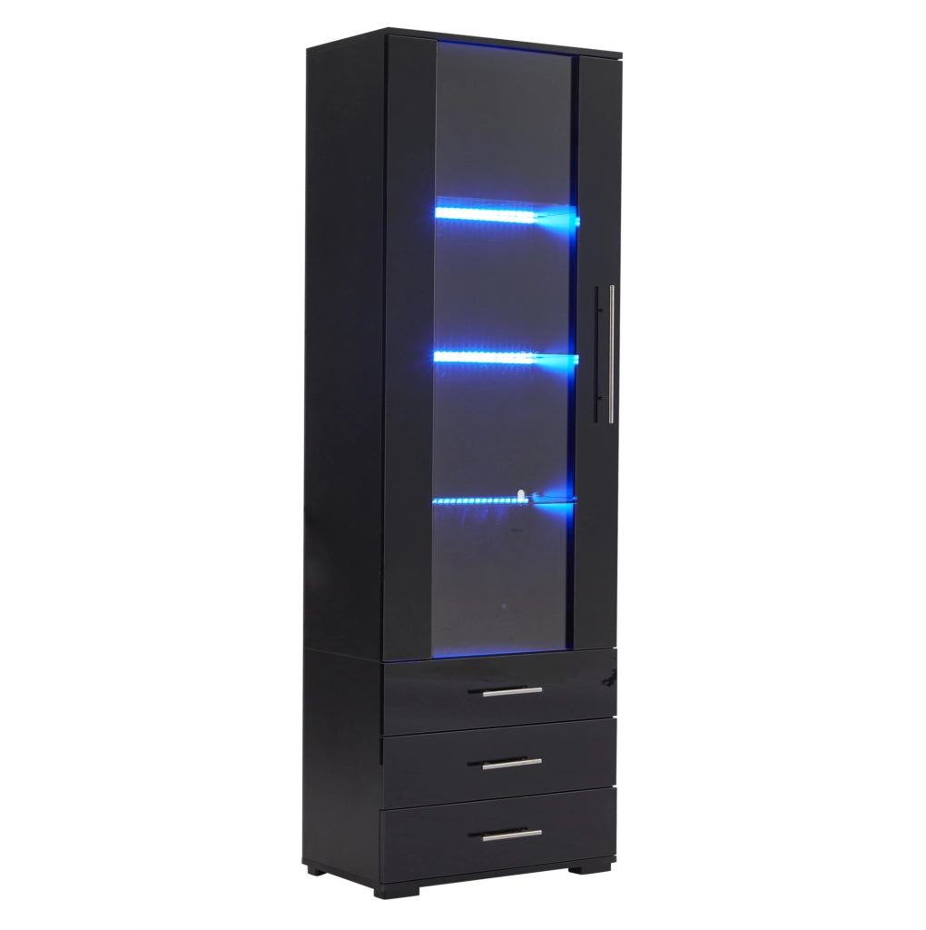 Vetrina alta nera con LED, 3 cassetti e ante in acrilico, 60 x 35 x 180 cm