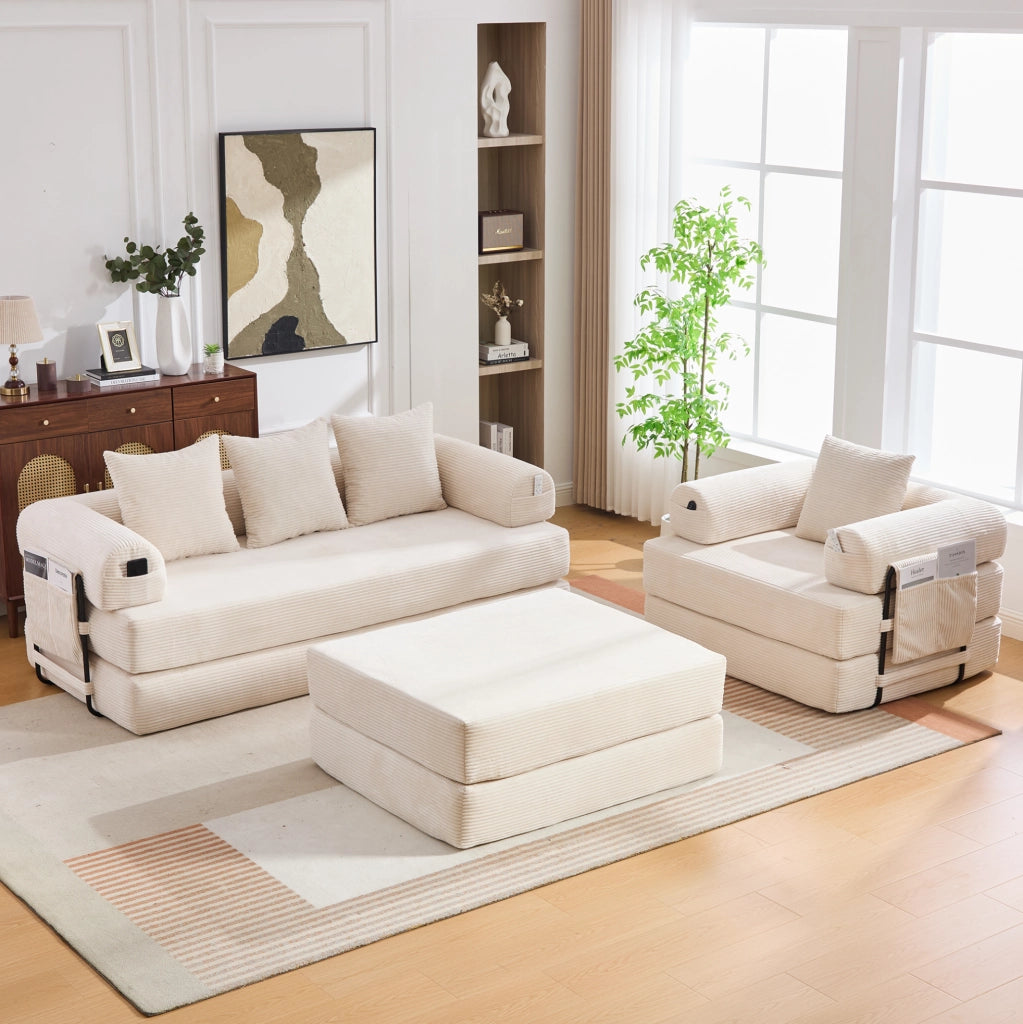 Divano modulare in velluto a coste beige con struttura in metallo e tasca laterale