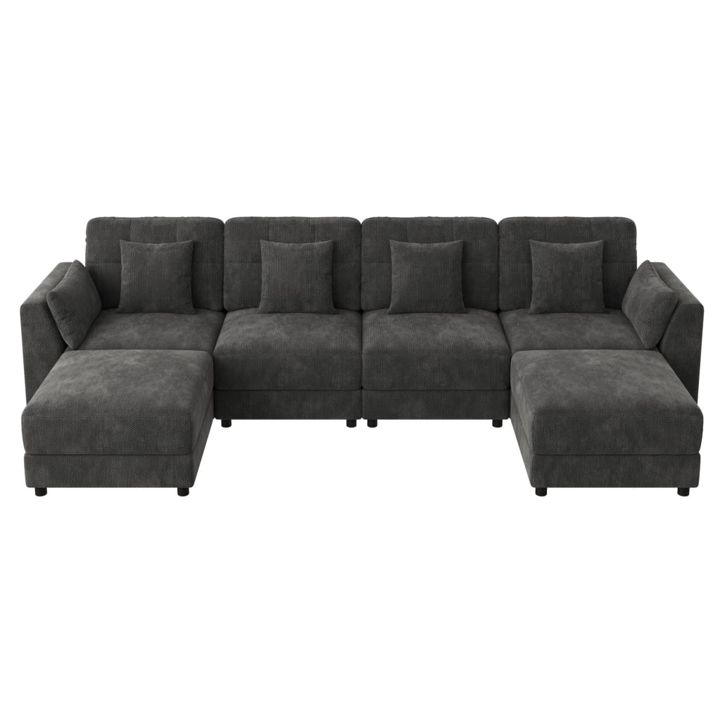Divano modulare 4 posti con 2 pouf, LED e tavolini grigio