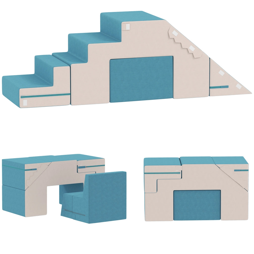 Set 2 Pezzi Blocchi da Gioco Morbidi per Bambini in Ecopelle e Gommapiuma Modulari Beige e Blu Multifunzionale per Casa