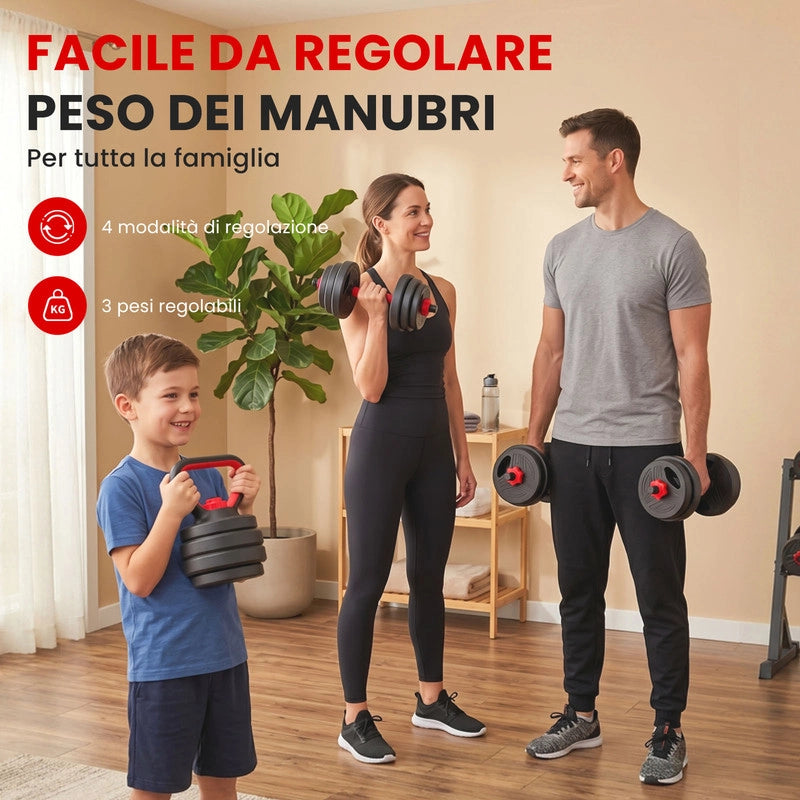 Set Manubri Regolabili 4 in 1 Multifunzionale, Trasformabile in Bilanciere Kettlebell Supporto Flessioni, Dadi Blocco Sicuro, Risparmio Spazio