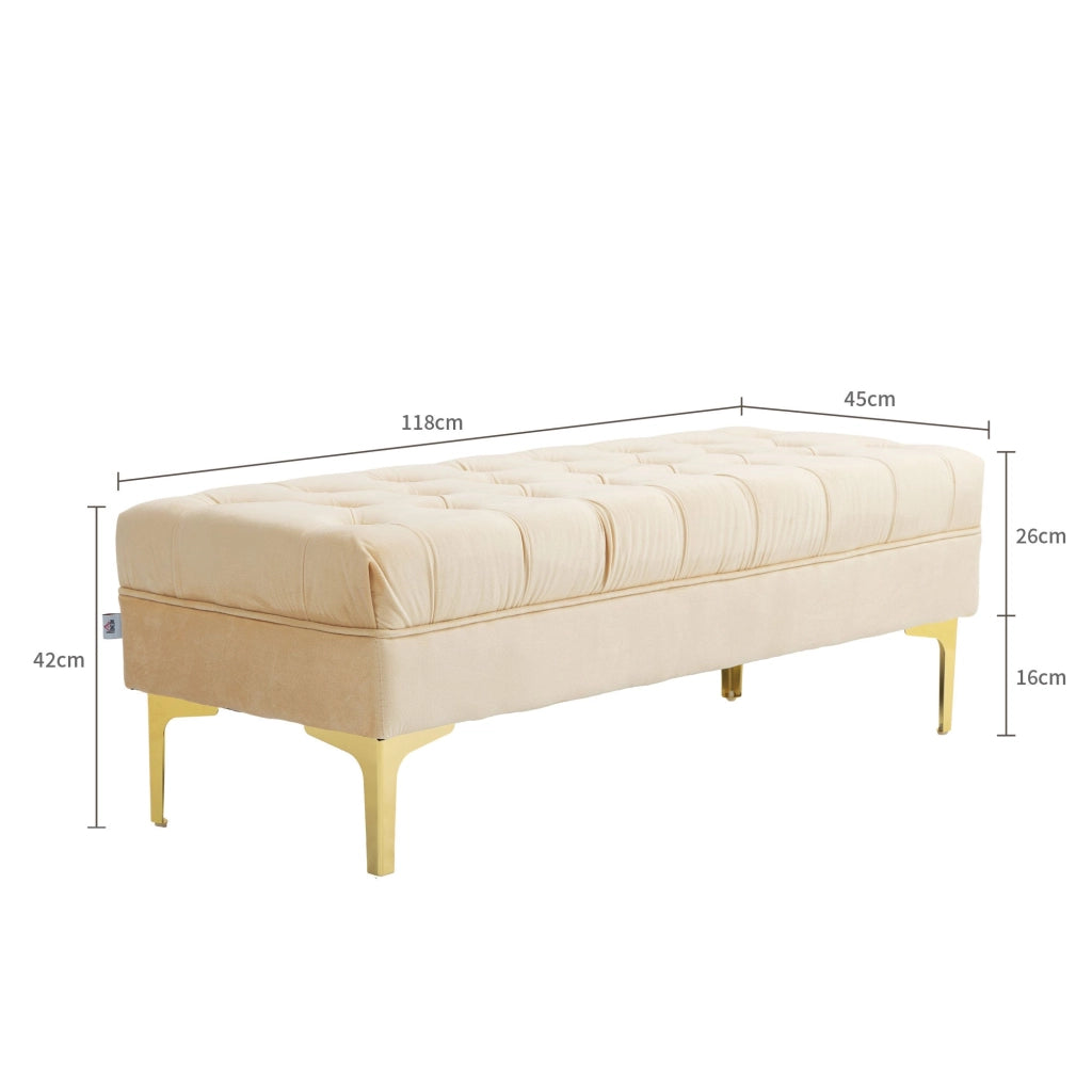 Panca Fondo Letto Imbottita con Rivestimento Trapuntato in Effetto Velluto 118x45x42 cm Beige