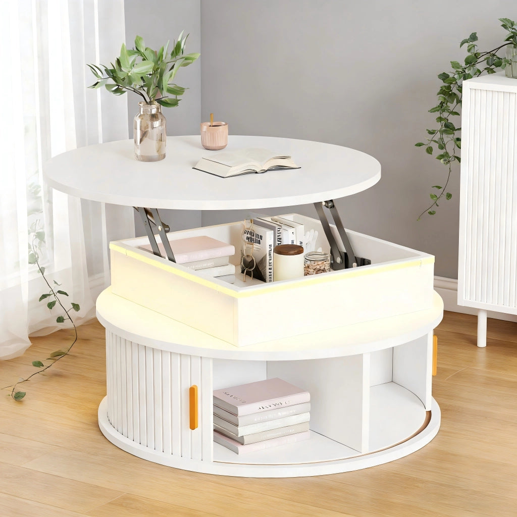TAVOLO da caffè regolabile in altezza 75x75x52 cm MDF bianco con LED e contenitore