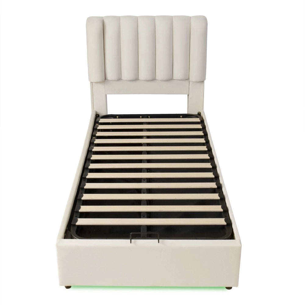 Letto imbottito contenitore con cassetti LED ¨C Minimal ¨C Velluto beige 90x200 cm