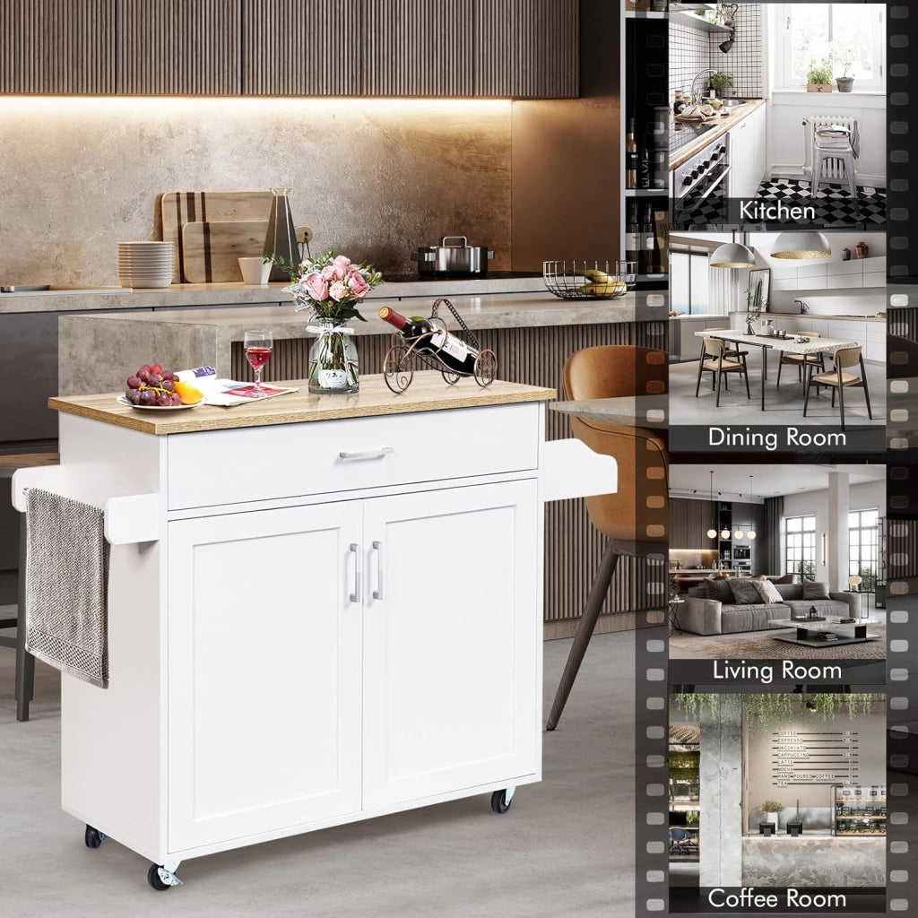 Carrello da Cucina in Legno con Cassetto su Ruote, Armadio da Cucina con Piano di Lavoro, Carrello da Cucina in Stile Rustico, Bianco