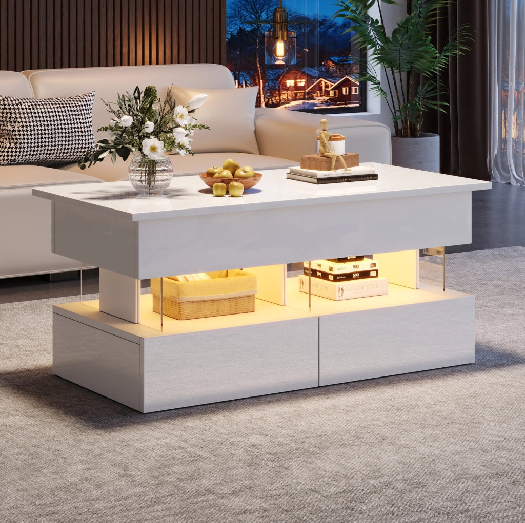 Tavolino elevabile 100 x 50 x 46 cm MDF bianco, vano nascosto, LED, 2 cassetti