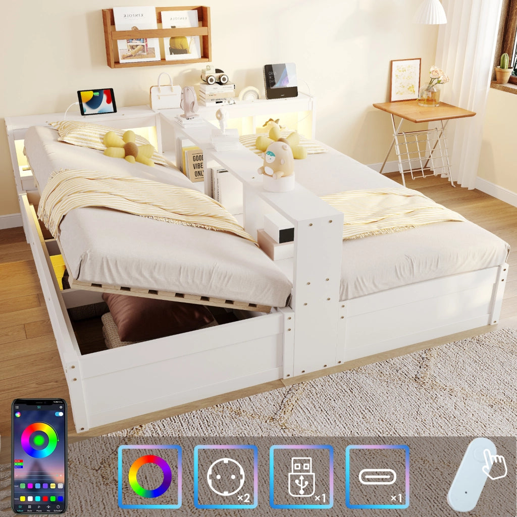 Letto multifunzionale ULEVR 90/180x200 cm con LED, prese integrate e contenitore idraulico, bianco