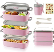 Lunchbox 3-laags - 2400 ml, contenitore in acciaio inossidabile con ciotole in acciaio inossidabile 450 ml, lattina per pranzo impermeabile per adulti e bambini, per lavoro, ufficio, scuola (rosa)