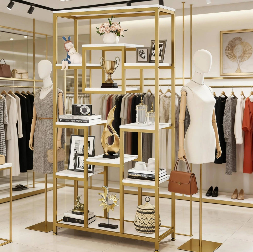 Libreria autoportante geometrica in metallo e legno oro e bianco