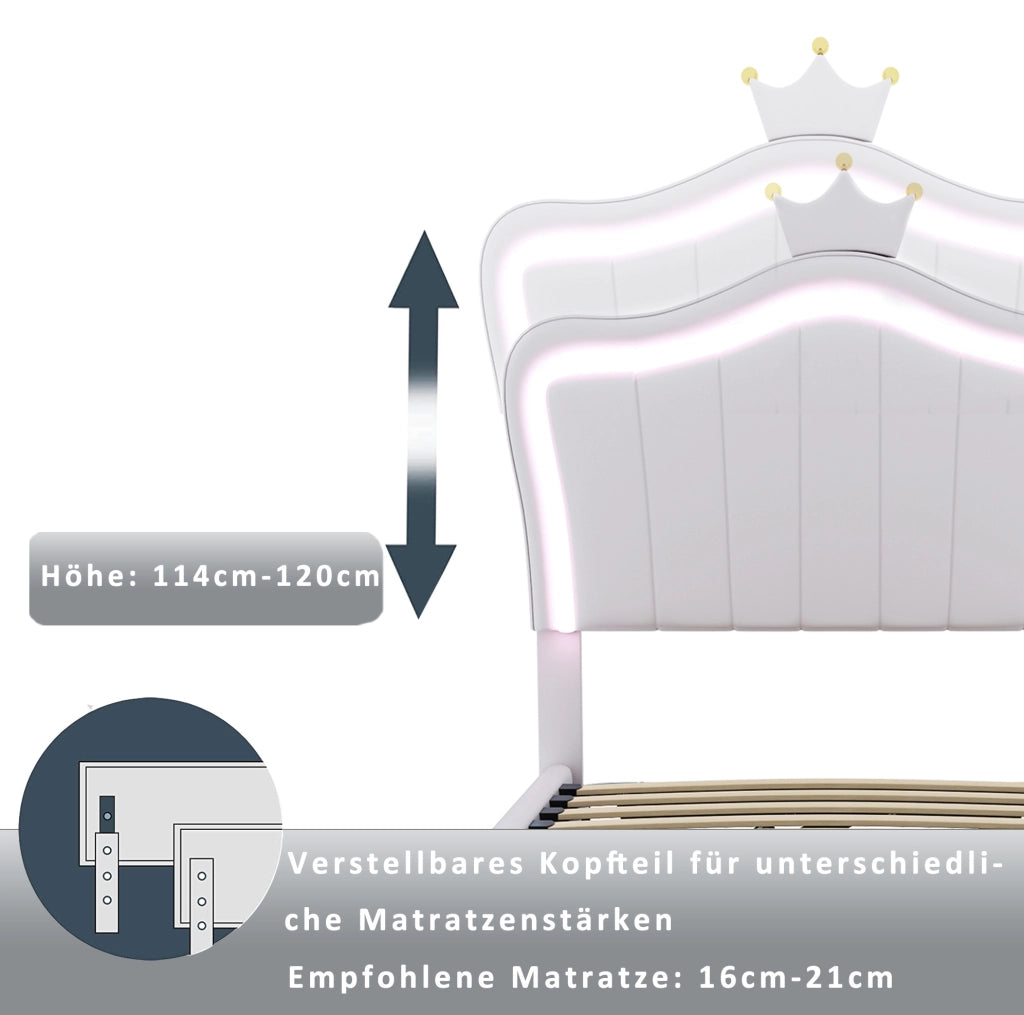 Letto imbottito per bambini 90 x 200 cm con LED e contenitore, bianco