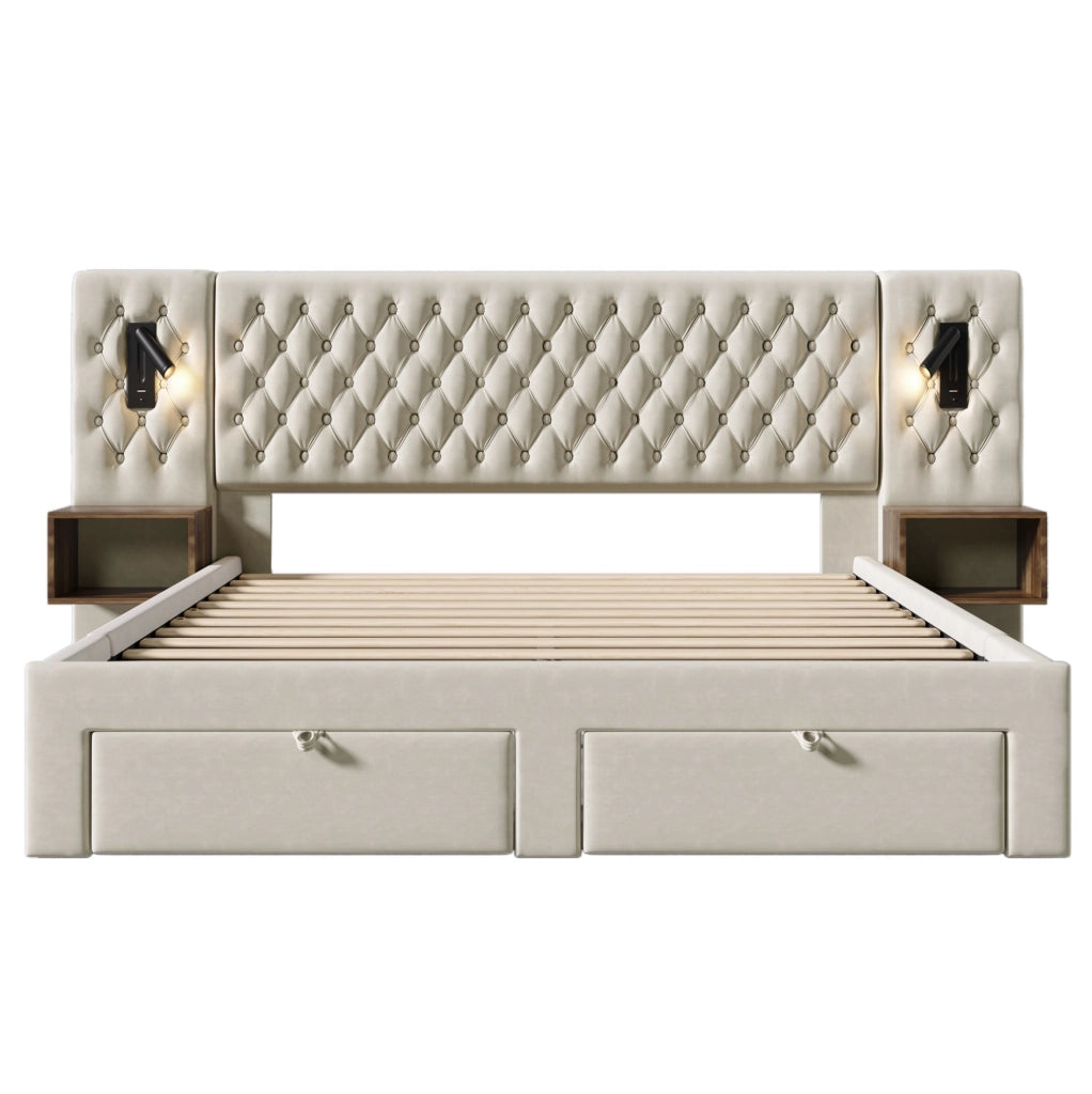 Letto matrimoniale 160x200 cm in velluto beige con comodini integrati; cassetti; luci lettura e materasso