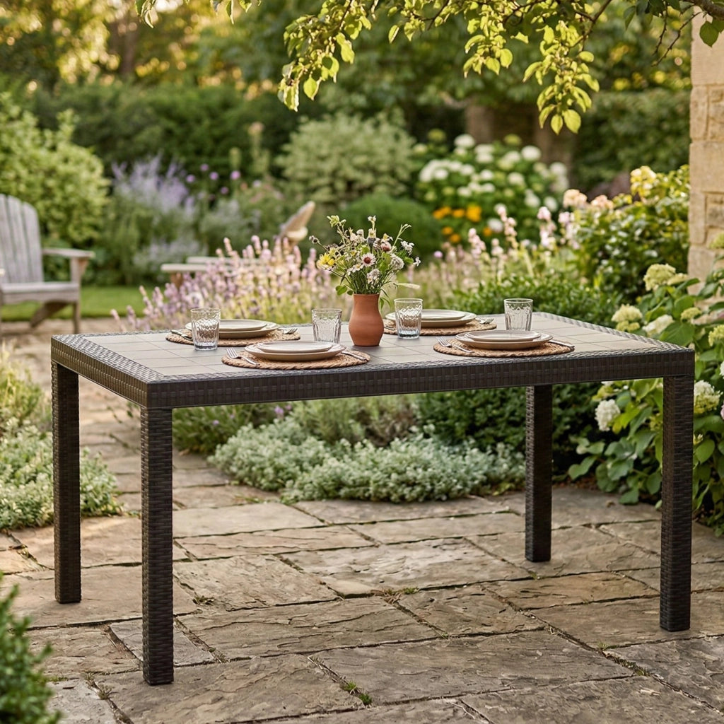 Tavolo da esterno Adila, Tavolo rettangolare da giardino, Tavolo da giardino multiuso effetto rattan, 100% Made in Italy, Cm 150x90h74, Antracite
