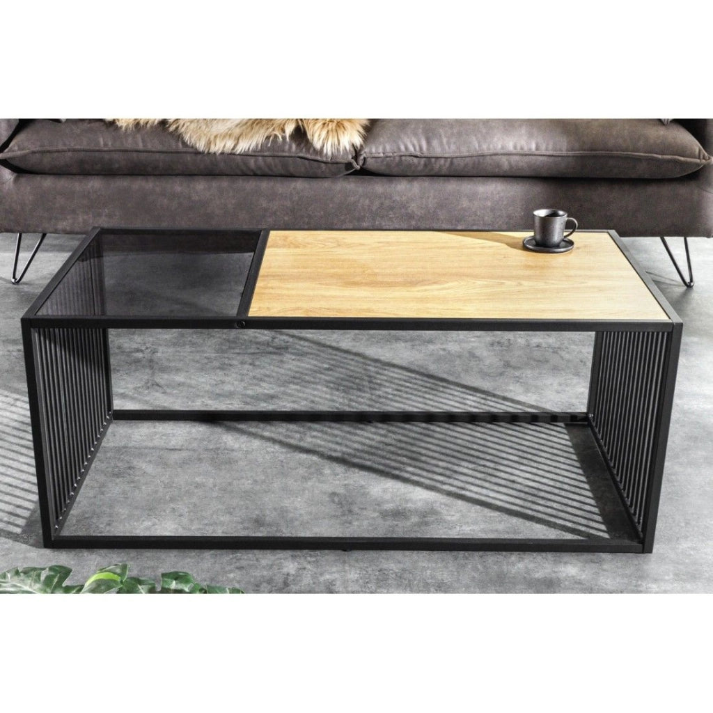Tavolino basso ABITTA rettangolare 100 cm in rovere chiaro e vetro fumé - Moderno con piano misto legno e vetro