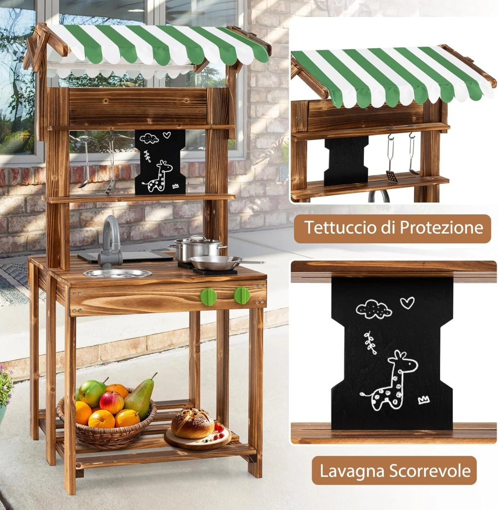 Cucina Giocattolo per Giardino a Doppia Faccia, Cucina per Bambini in Legno di Abete con Tettoia, Lavagna Scorrevole e Griglia Barbecue, Set da Cucina con 5 Accessori, 63 × 56 × 115 cm