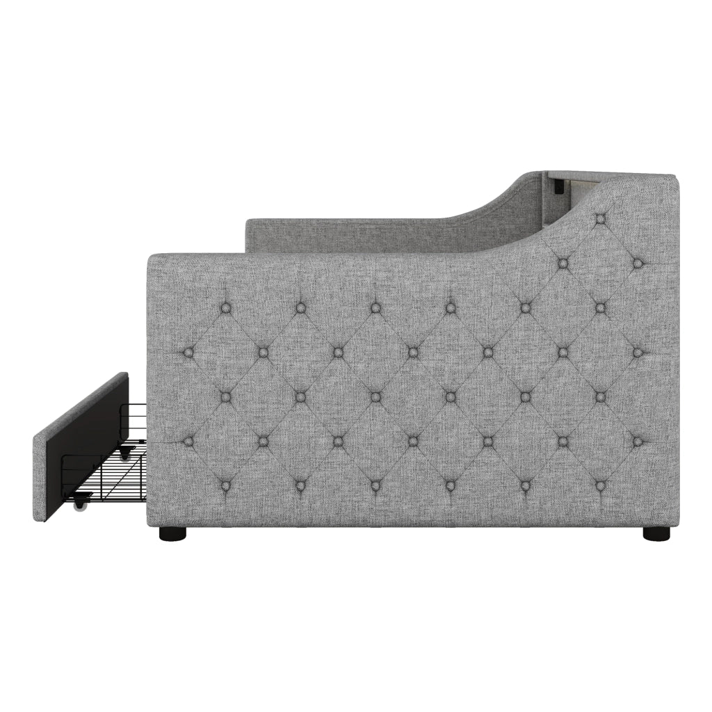 LETTO Giorno 90x200 cm in lino e MDF grigio con LED, USB e 2 cassetti