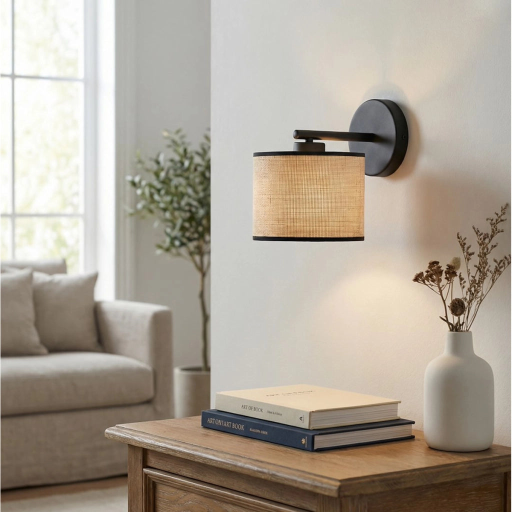 Lampada da parete ECO in acciaio nero e rattan