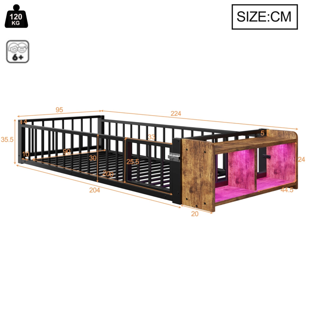 Letto singolo 90x200 cm in metallo e MDF; nero; con sponda di sicurezza; ripiano e LED