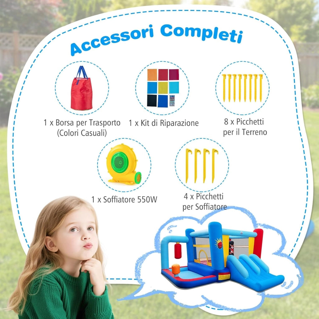 Castello Gonfiabile per Bambini con Soffiatore 550W, Casa Gonfiabile con Palo da Boxe, Trampolino, Doppio Scivolo, Piscina di Palline e Canestro da Basket, per Bambini 3-12 Anni