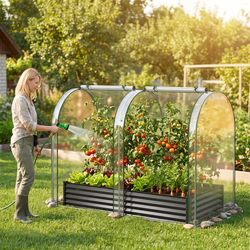 Orto rialzato da giardino con serra drenaggio, Fioriera esterno in metallo con copertura protettiva per piante fiori Nero