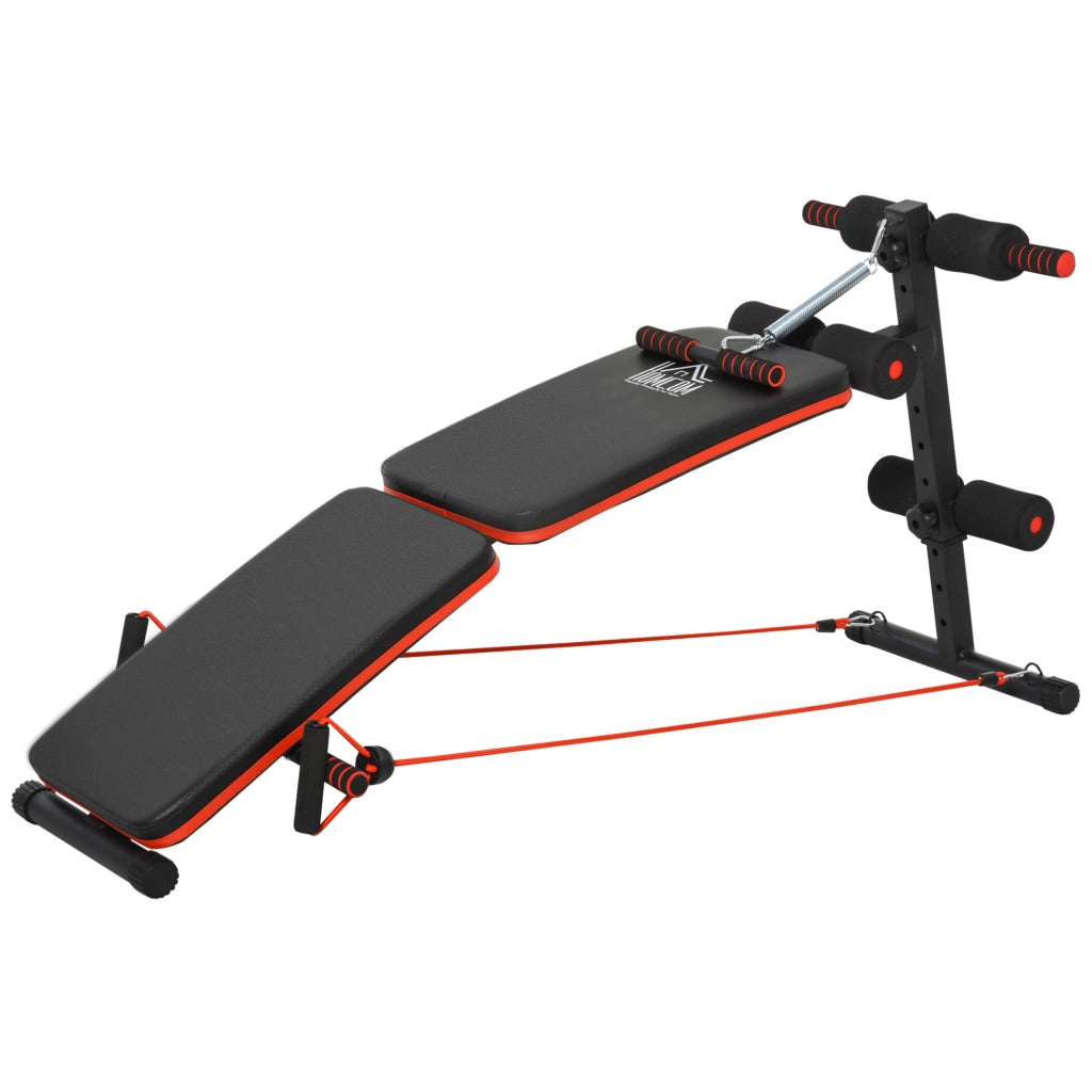 Panca per Addominali Pieghevole e Regolabile con Vogatore e 2 Corde, in Acciaio 51x137x50-66 cm, Nera e Rossa