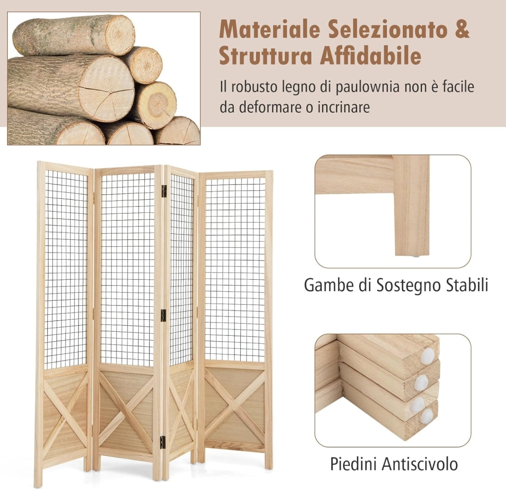 Paravento a 4 Pannelli, Separé Divisorio Interno Pieghevole, Pannelli Divisori a Griglia in Legno per Casa, Ufficio, Fiera dell'Artigianato, Vendita al Dettaglio, Eventi