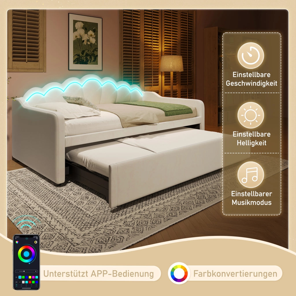 Divano letto estraibile con letto a scomparsa e striscia LED multicolore, testiera ondulata in velluto e MDF beige