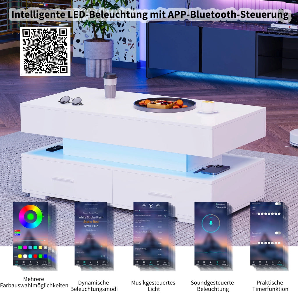 Tavolino da caffè idraulico bianco con LED, 2 cassetti, 100x50 cm
