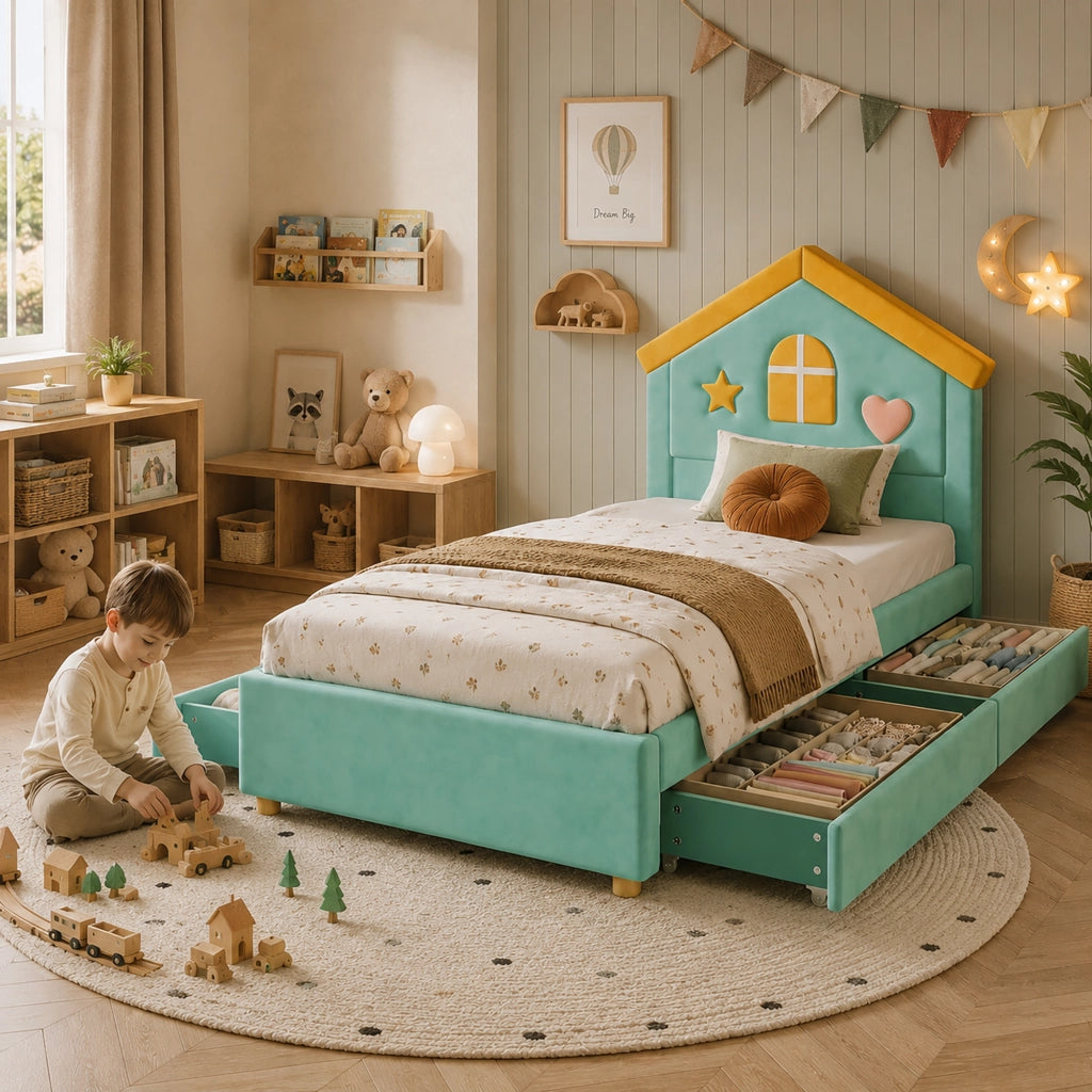 Letto a casetta 90 × 200 cm con 4 cassetti imbottito in velluto francese blu verde con testiera decorata