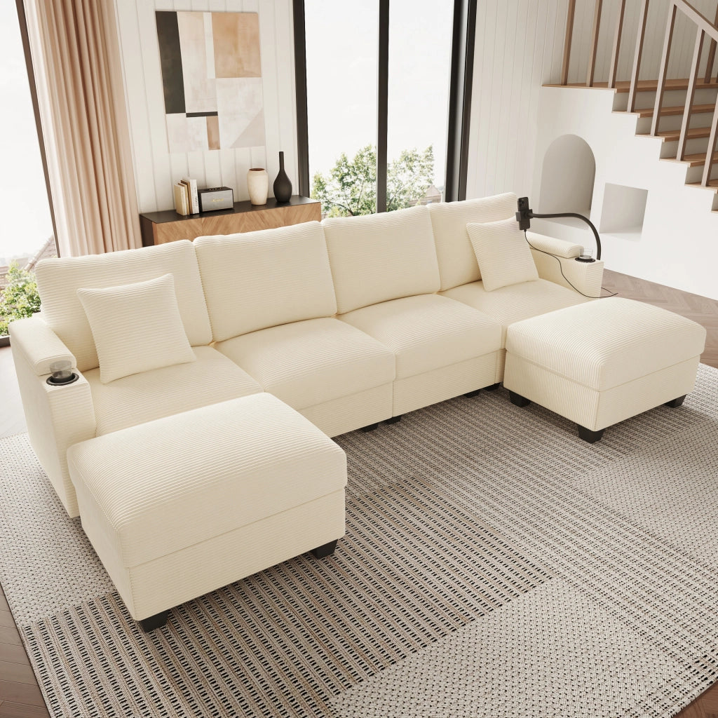 Divano modulare ad angolo in corduroy beige 275;5 x 139 x 87 cm con USB e USB-C