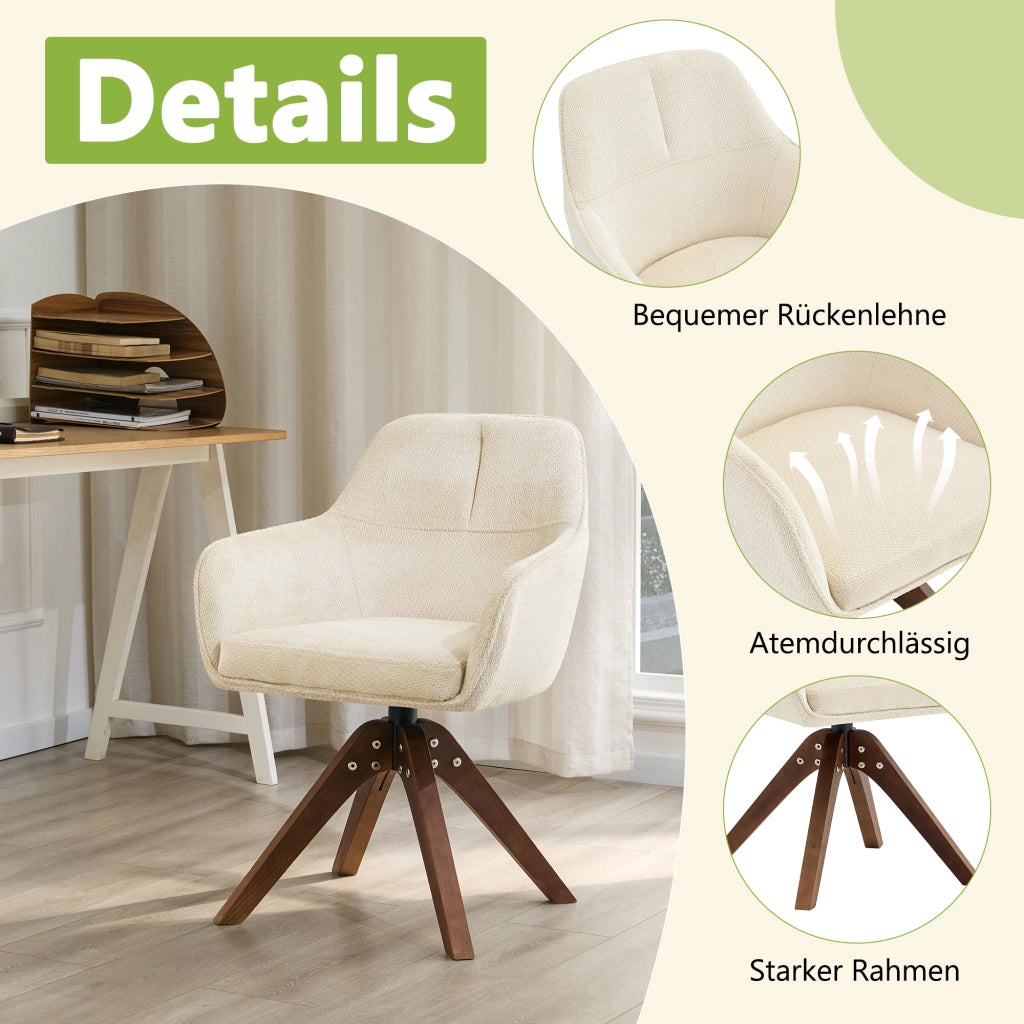Sedia da sala da pranzo girevole 360° set da 2 con braccioli e schienale ergonomico in tessuto bianco e legno noce