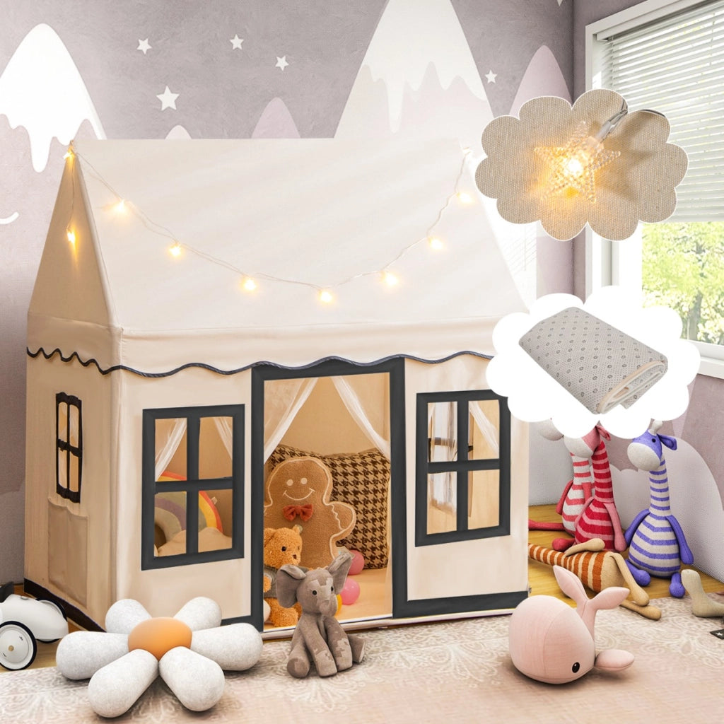 Tenda da gioco per bambini con luci a stella tappetino in velluto lavabile, Casetta per interni ed esterni Beige-Tende e Casette per bambini