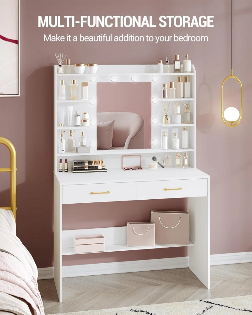 Hzuaneri 100cm Toeletta da Trucco, con specchio e luce LED, Moderno con Specchio, Postazione Make-up con Mensole Aperte e 2 Cassetti, per camera da letto, soggiorno, 40 x 100 x 149 cm, Bianco DT38703X