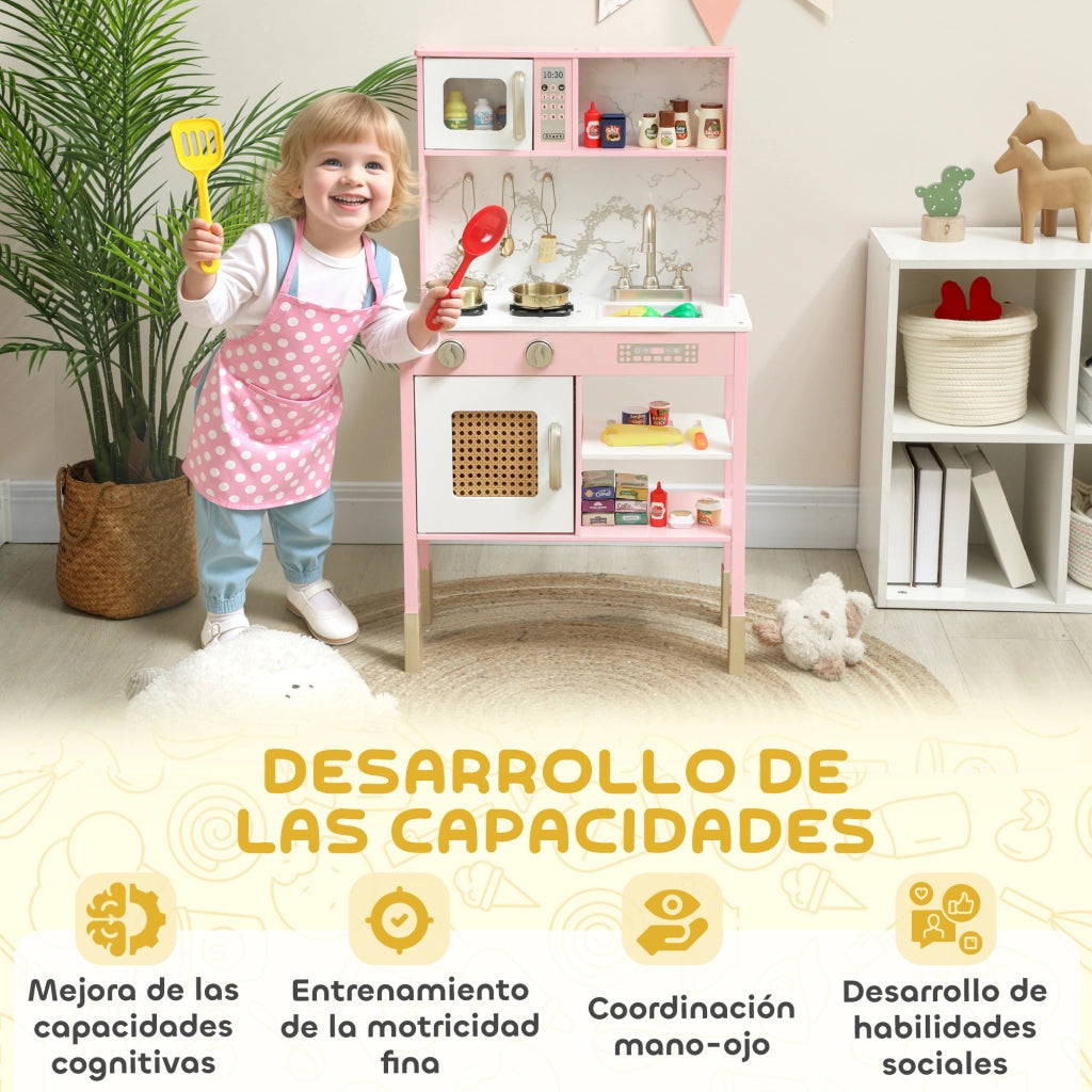 Cucina Giocattolo in Legno con Accessori e Suono ¨C Zephmum ¨C Rosa, Acciaio Inox