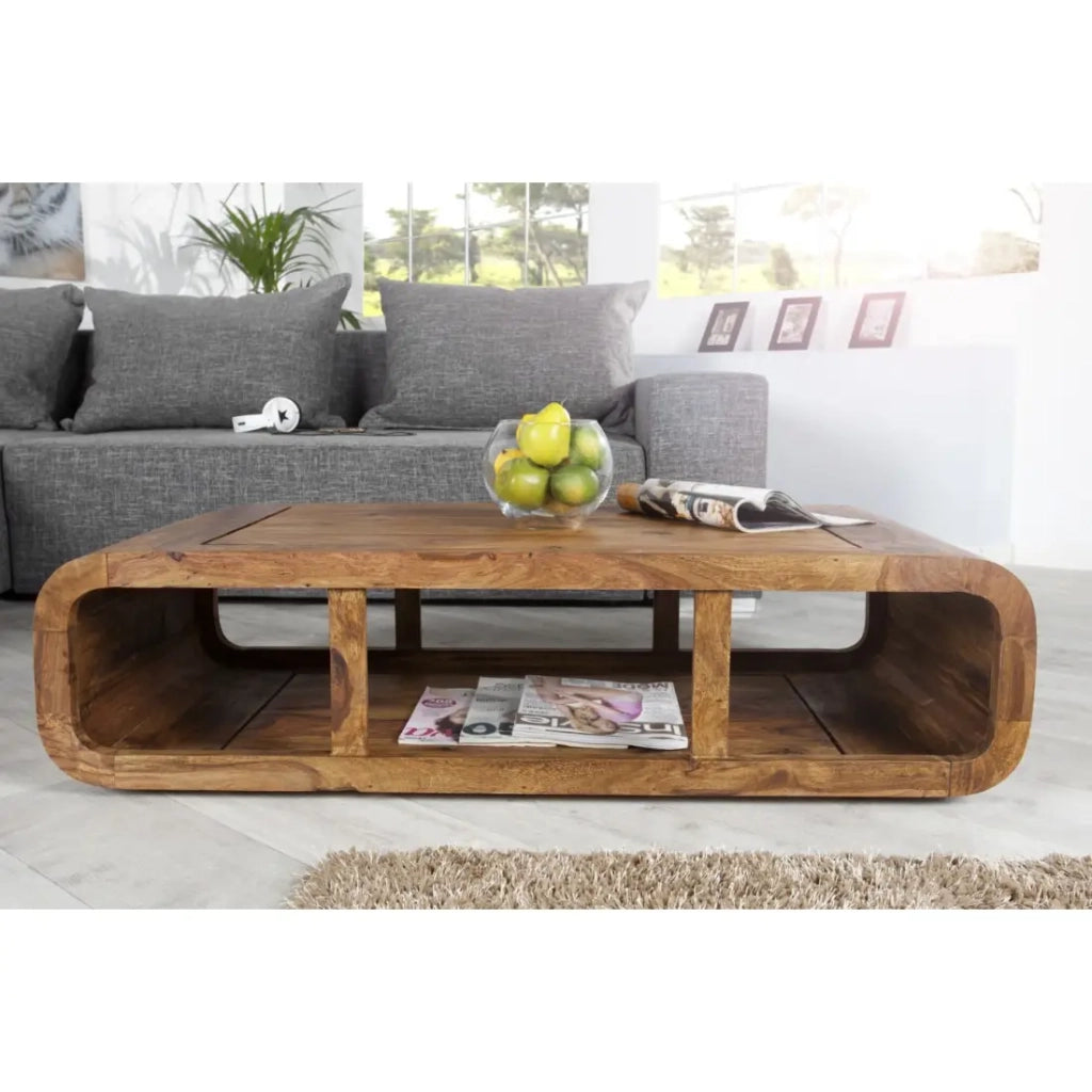 Tavolino basso CURVIA 100 cm in legno di Sheesham - Design moderno con nicchie aperte