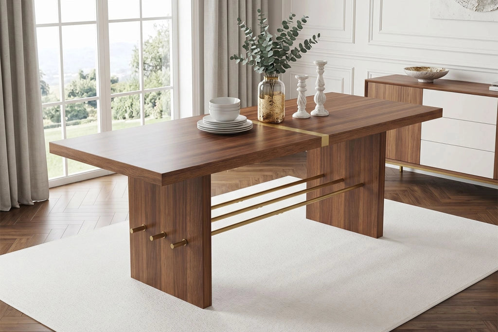Tavolo da pranzo 180 × 75 cm in MDF, colore noce, per 6–8 persone, struttura stabile con traversa dorata