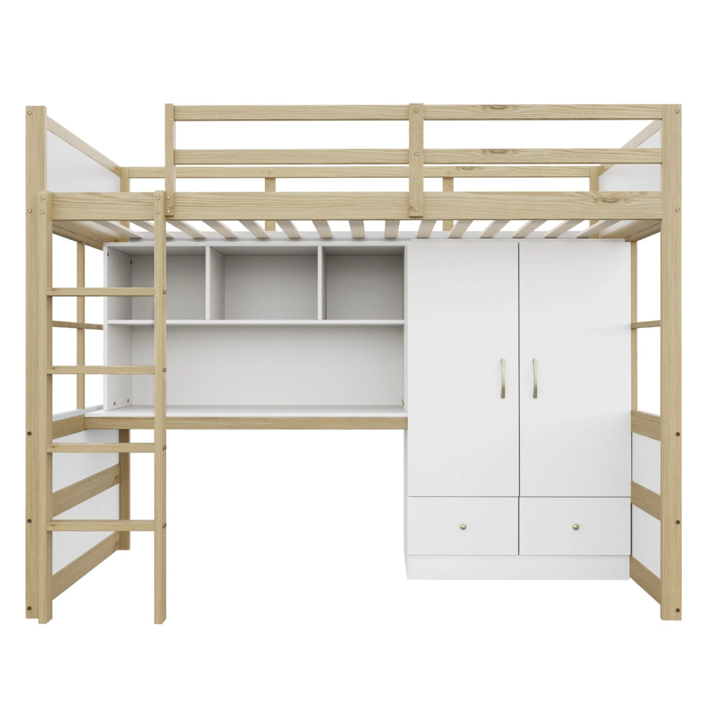 Letto a soppalco 90x200 cm con scrivania, armadio e cassetti