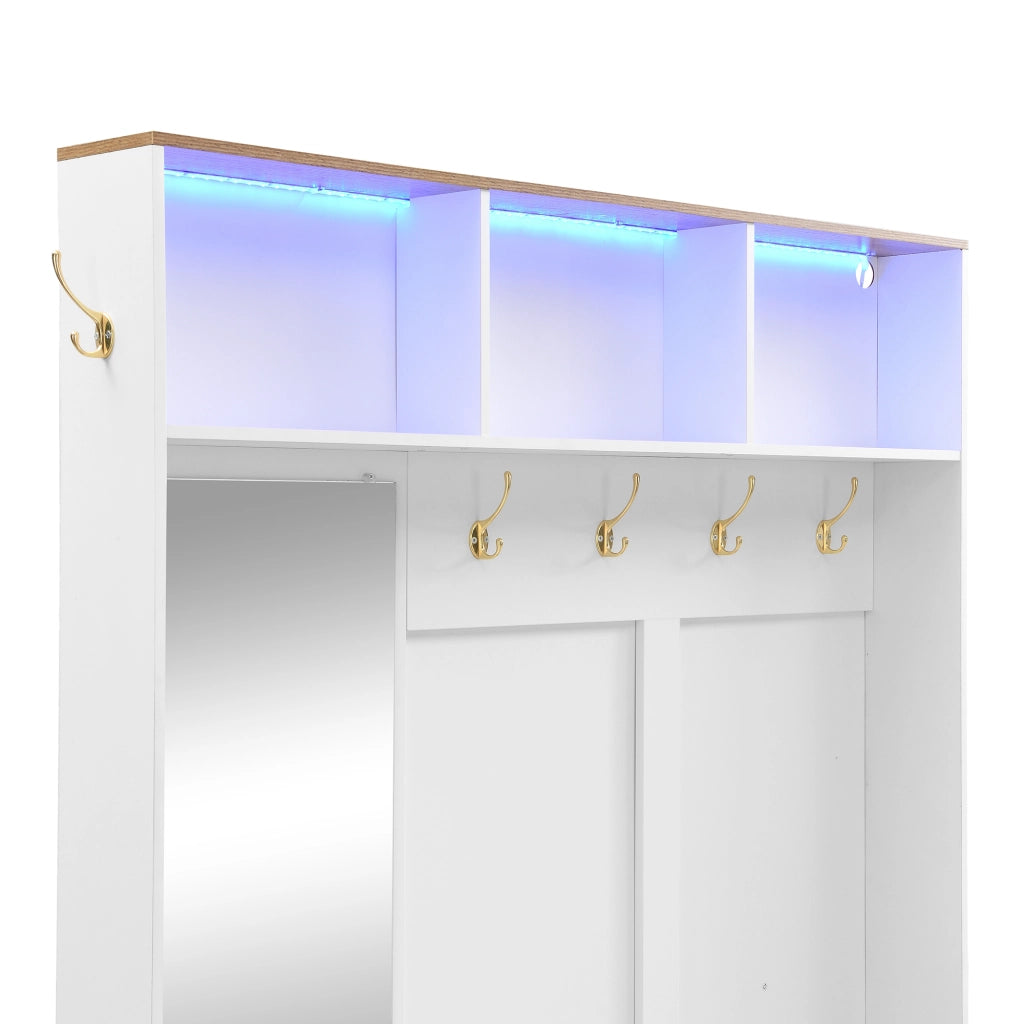 Mobile da ingresso con specchio, ganci, cassetti, ante e illuminazione LED, in MDF bianco e legno
