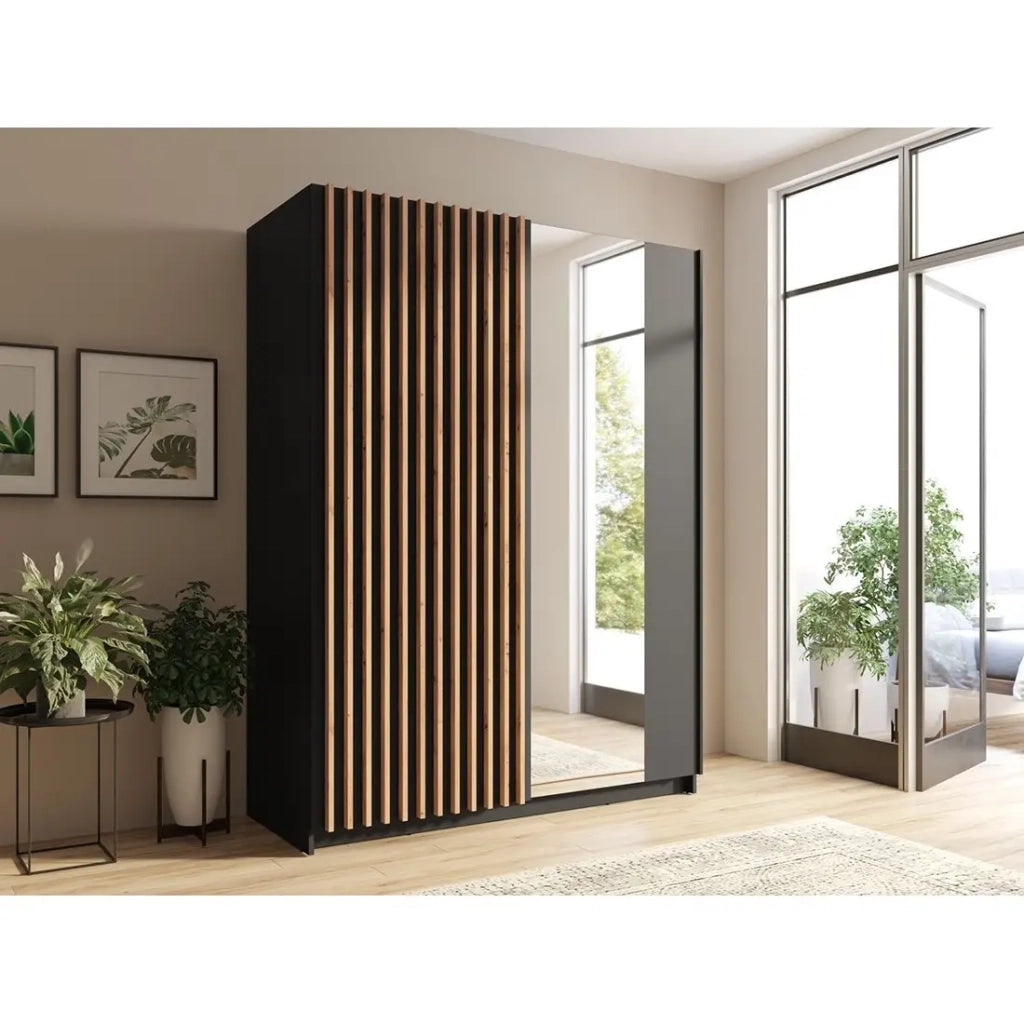 Armadio con 2 porte scorrevoli e specchio 150 cm - nero e rovere - Collezione STRANO