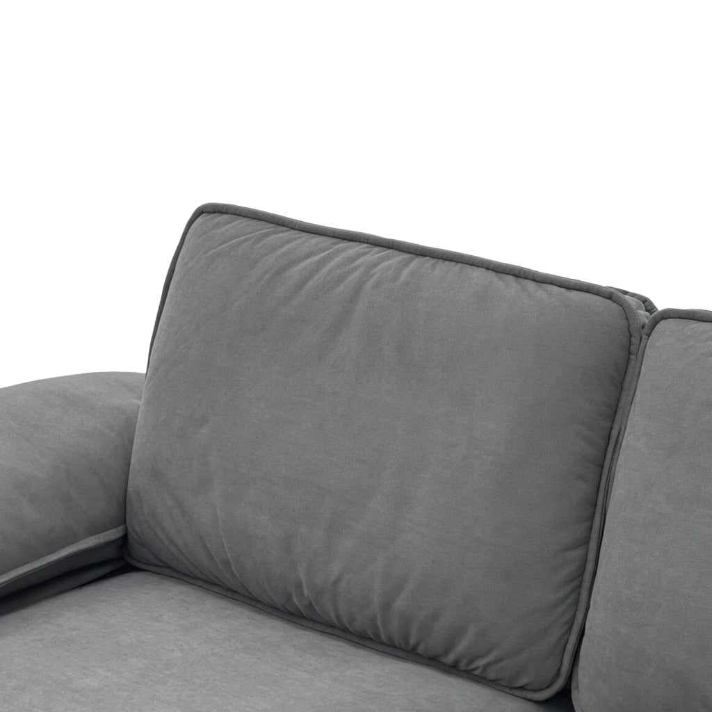 Divano con vano contenitore, seduta ergonomica e braccioli imbottiti, con cuscini schienale in tessuto grigio