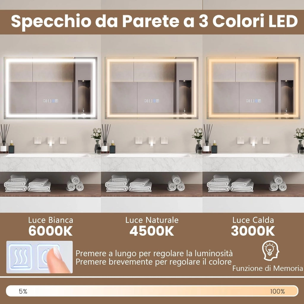 60x40/75x50 cm Specchio da Bagno a LED, Specchio Rettangolare a Parete con Luminosità Regolabile, 3 Temperature di Colore, Funzione Anti-appannamento e Memoria (60 cm x 40 cm)