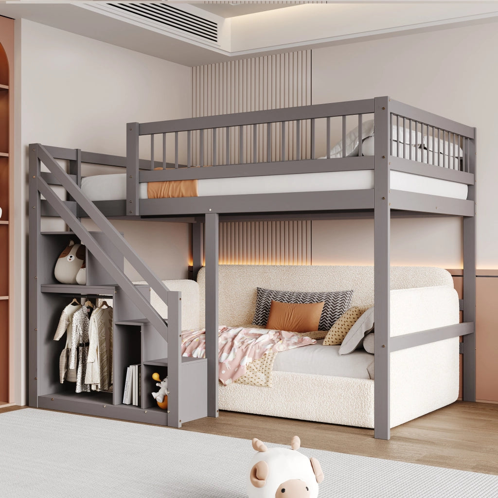 OKWISH Letto a soppalco 140×200 cm, Letto Matrimoniale con Scala Contenitore, 3 Armadietti e Sponda Alta, senza Materasso, Grigio
