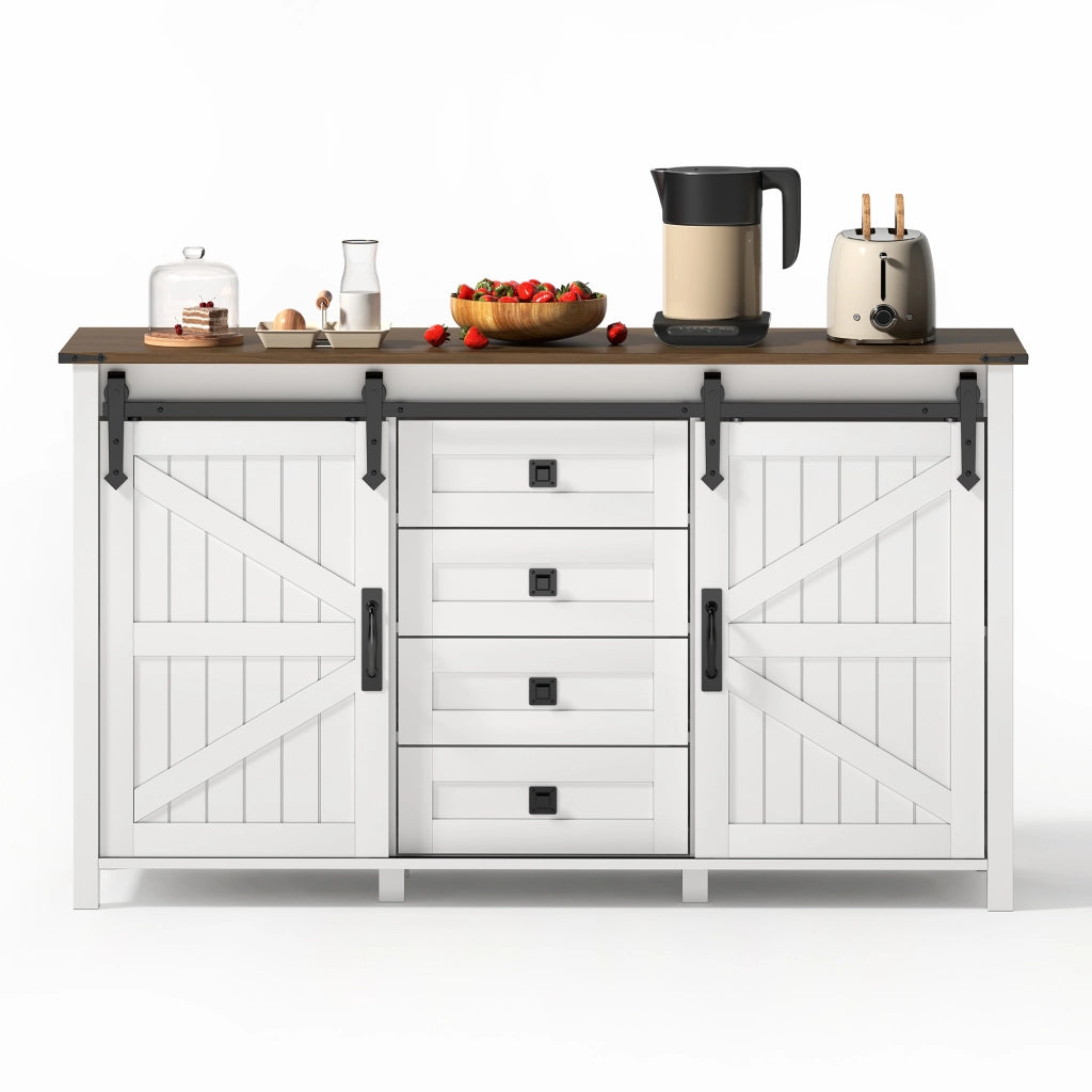 Credenza sideboard con 2 ante scorrevoli e 4 cassetti, 137 cm, bianco, in MDF