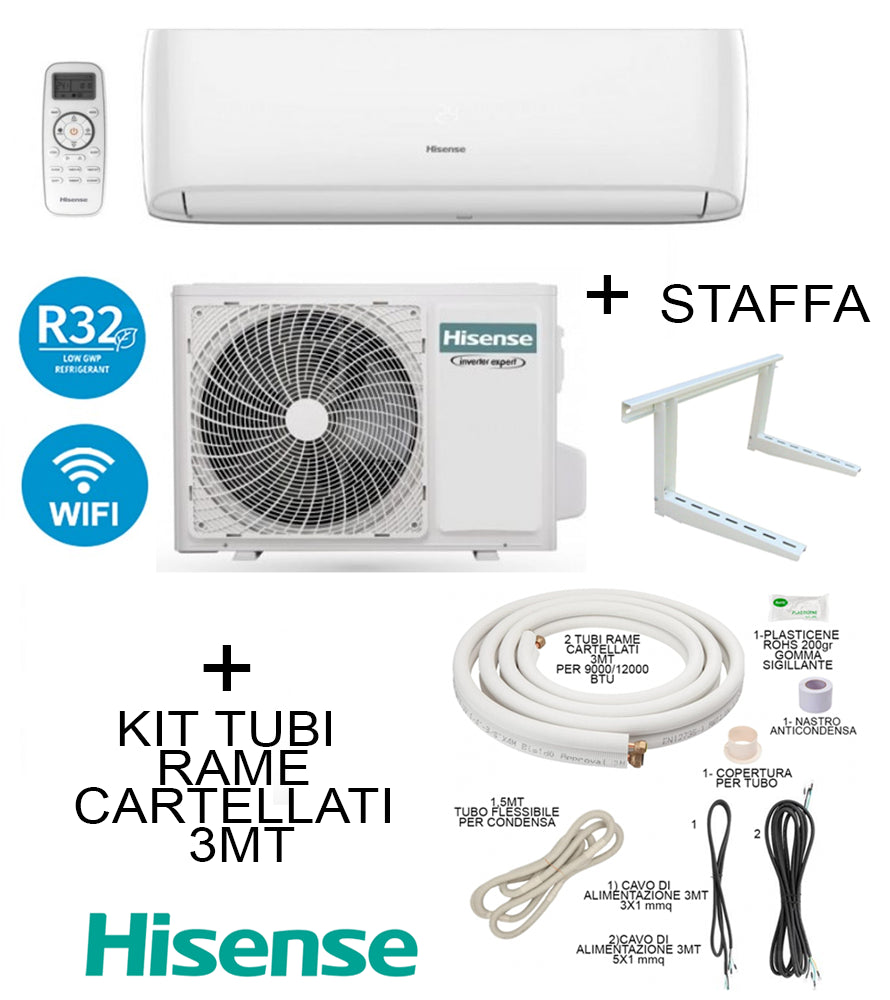 Climatizzatore  Hisense 12000 Btu + Staffa + Kit Tubi Rame 3MT CA35YR03G/CA35YR03W Inverter R32 A++/A+ Wifi Integrato