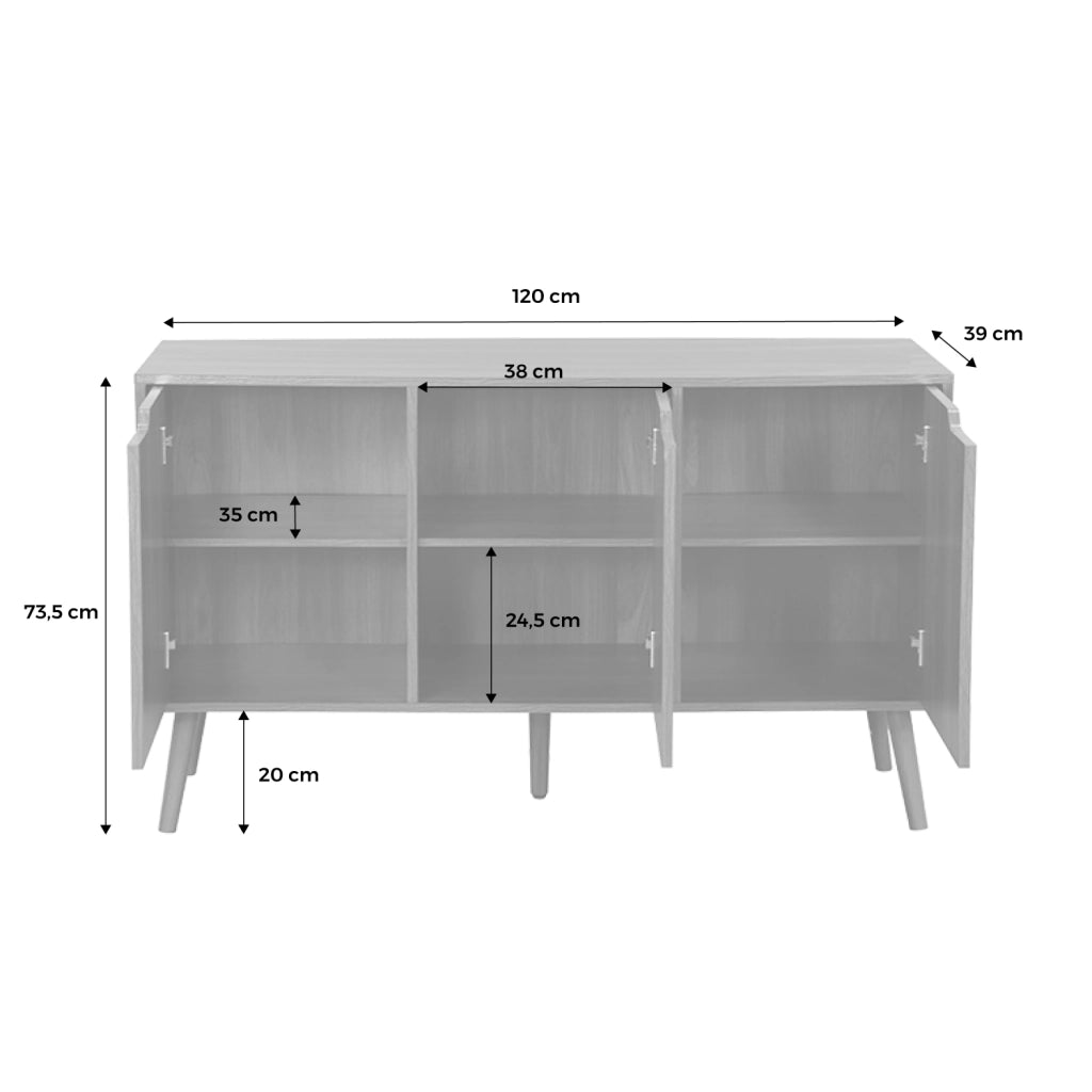 Credenza effetto noce con 3 ante e 3 ripiani, 120cm, noce