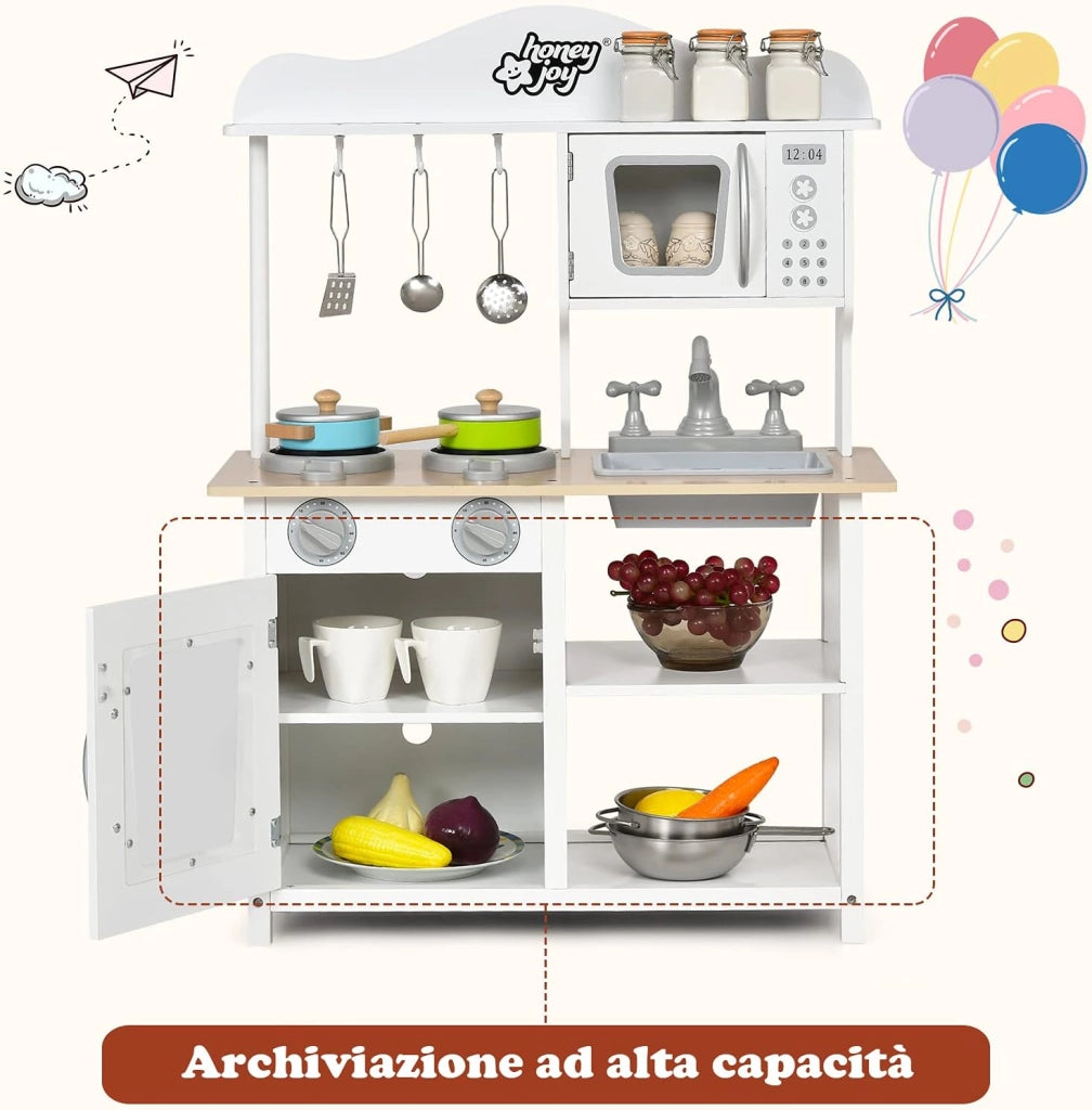 Cucina Giocattolo per Bambini, Cucina per Bambini in Legno con Forno, Microonde, Lavello e Rubinetto, con Accessori, Pentole e Utensili per Cucinare, per bambini 3+ Anni