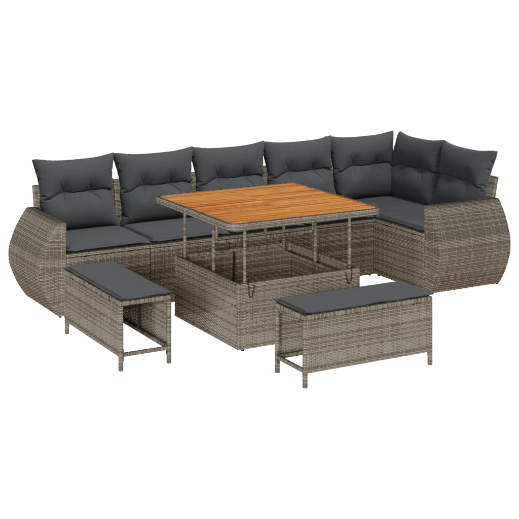 Set di divani da giardino  9 pezzi con cuscini grigio polyrattan acacia