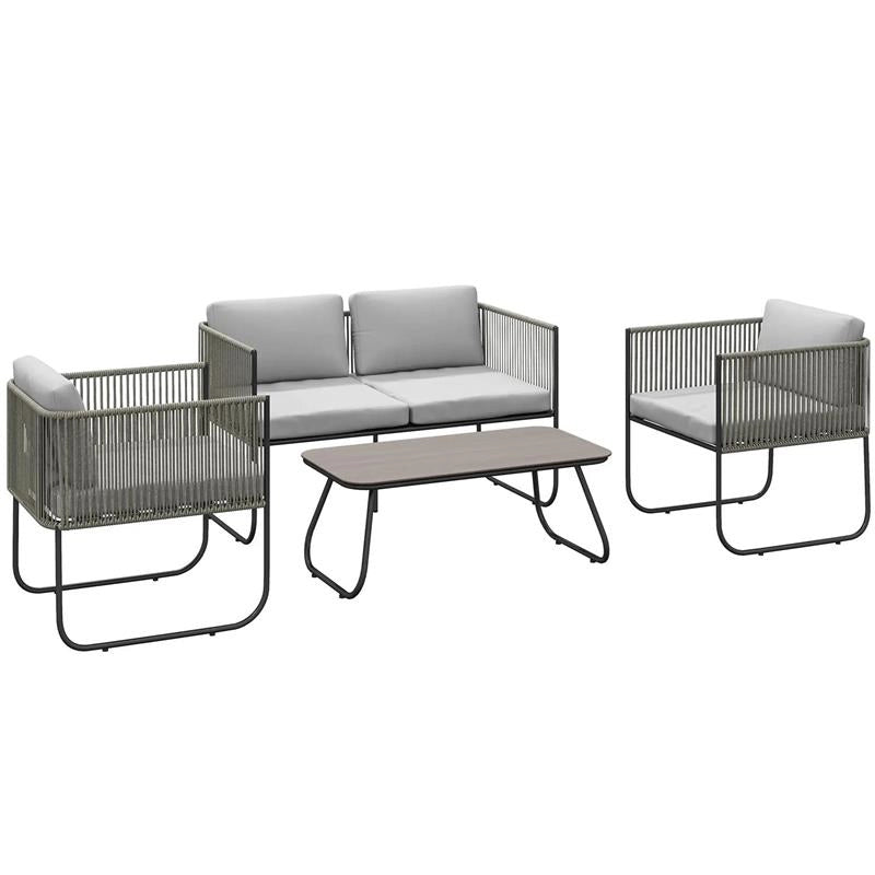 SET DA GIARDINO RATTAN CON DIVANETTO 2 POSTI 2 POLTRONE E TAVOLINO IN VETRO CUSCINI SFODERABILI GRIGIO