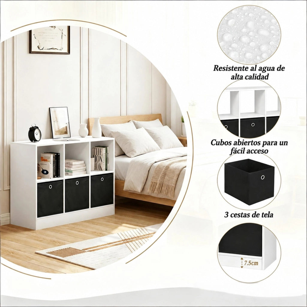 Libreria cubby 80x30x61 cm in legno bianco e nero con 3 cassetti
