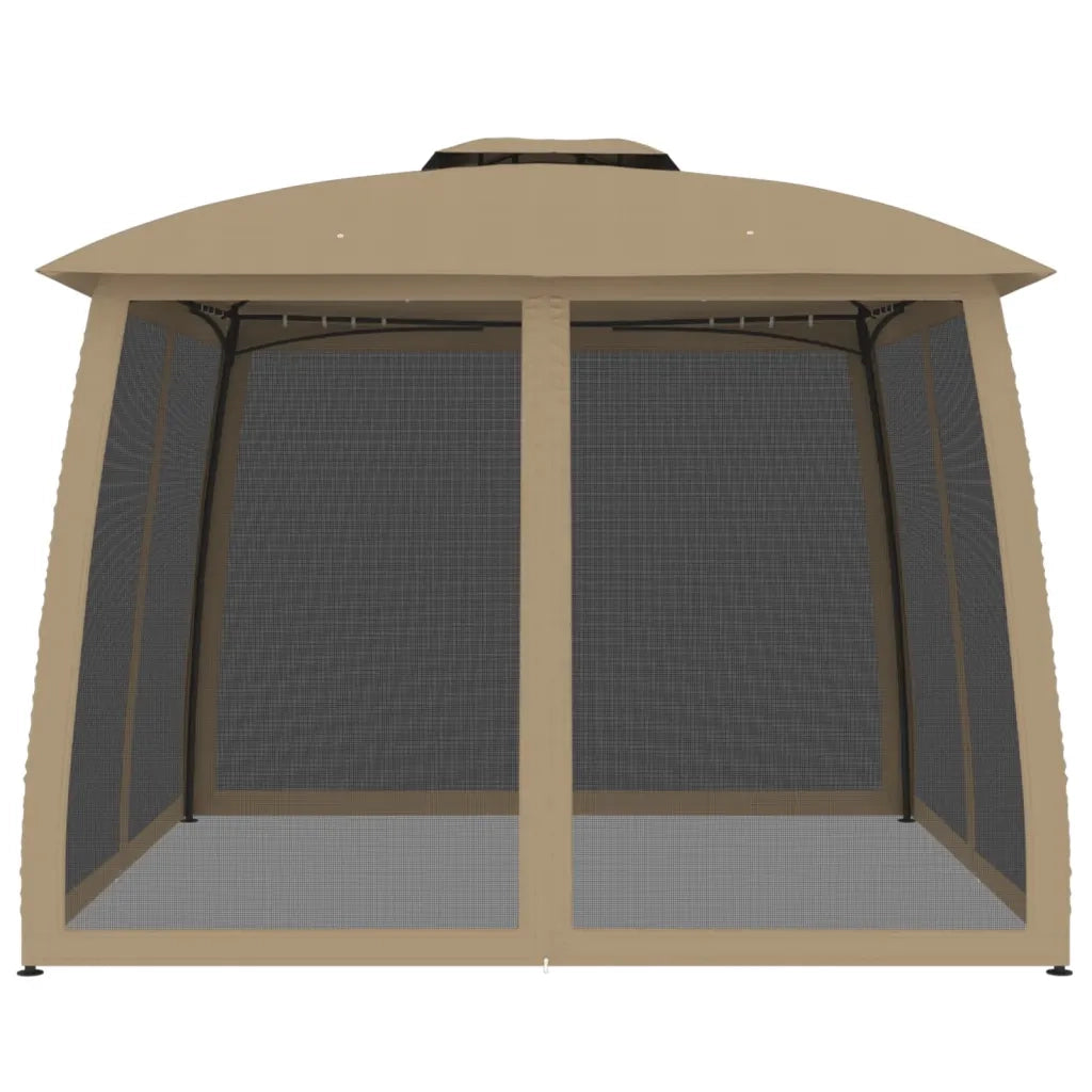 Gazebo con Tetto Doppio/Pareti Rete Tortora 2,93x2,93 m Acciaio